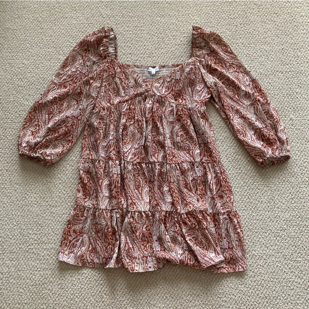 Gianni Bini Smocked Puff Sleeve Dress Square Neck Paisley Brown Size Large VEUC